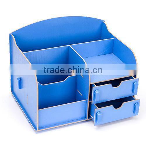 DIY Wooden DeskTop cosmetic storage case with 2 drawers/Office Desk Organizer Stuff Holder-Blue