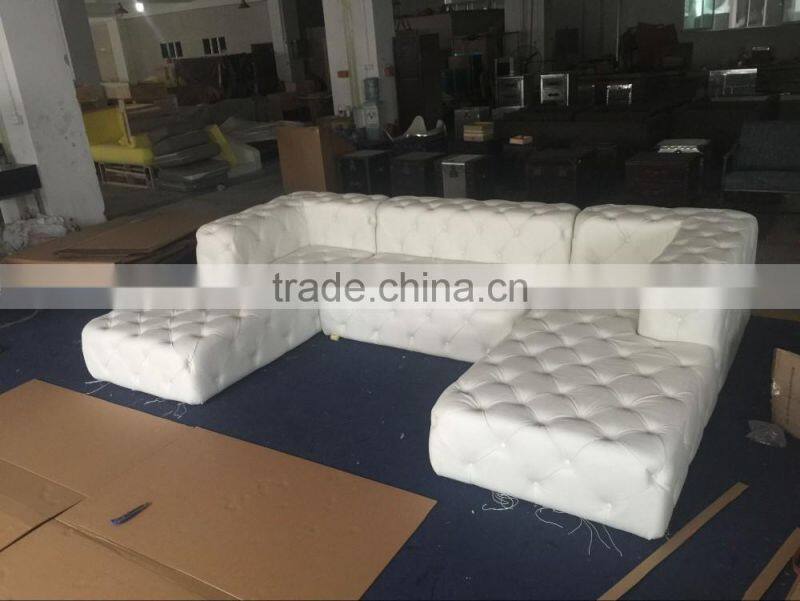 Retro Button Tufted White Genuine Leather Sofa/ U-Shaped Classic Chesterfield Couch Sofa/ American Hot-Sale Living Room Sofa