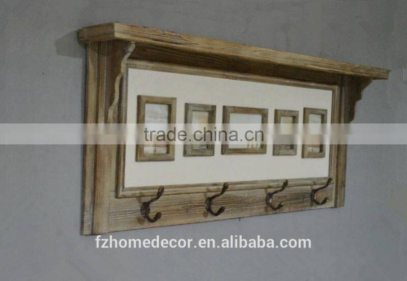 Retro vintage wall shelf with frames and hooks