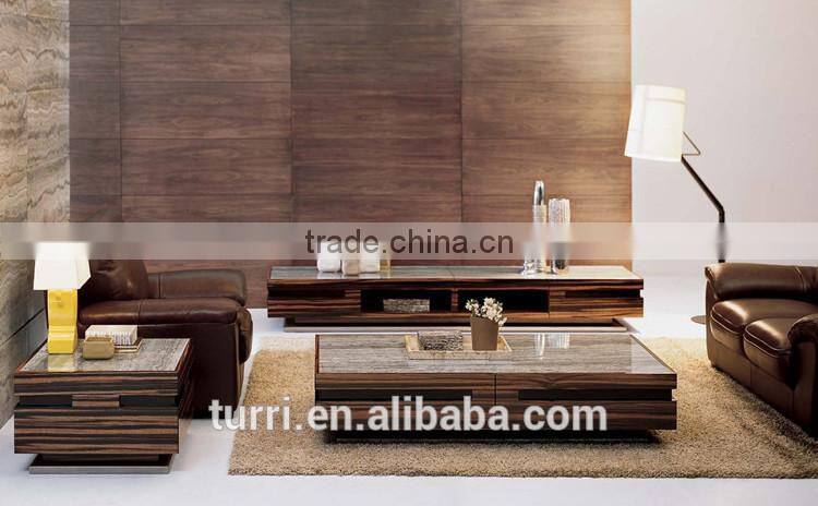 Modern ebony veneer MDF base TV stand with natural travertine top