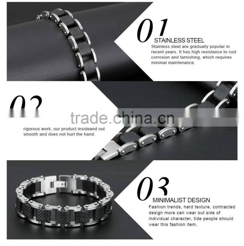 Modern sleek silicone mens bracelet 316L stainless steel motocycle biker bicycle chain link bracelets