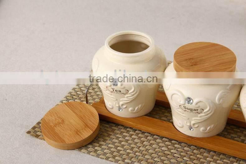 ceramic canister set with bamboo stand