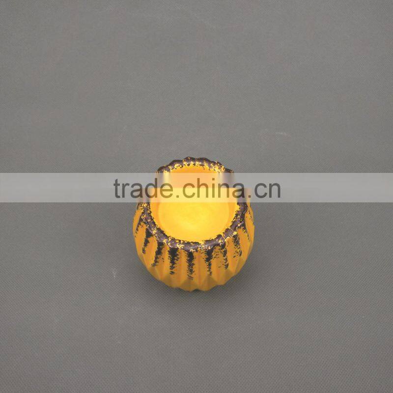 Home Decorative Yellow Glzaed Ceramic Tealight Candle Holders with Distressed Finish