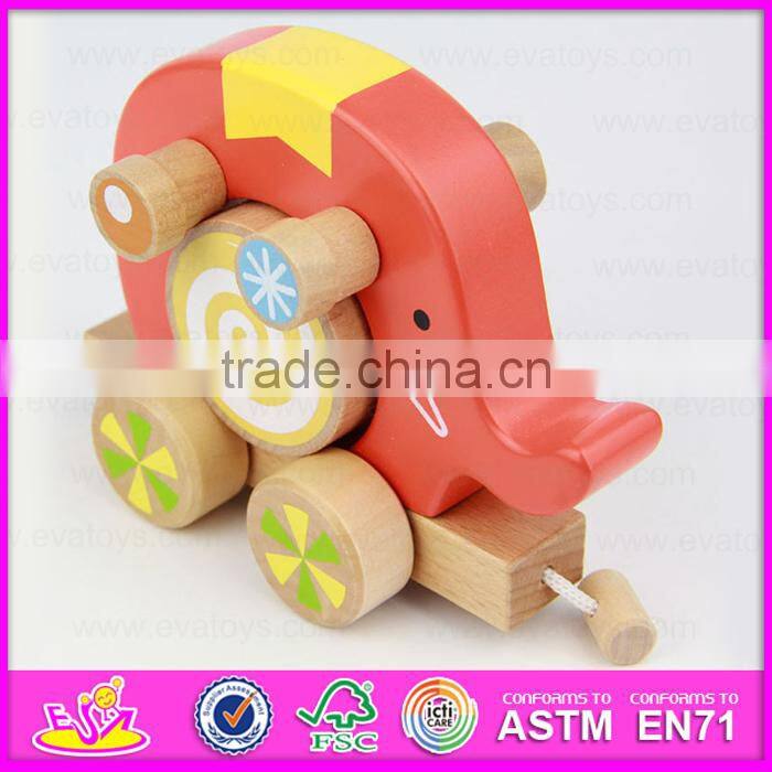 Top grade hot sale wooden toy pull cart for kids,Elephant design wooden string cart pull back toy car W05B075-A2