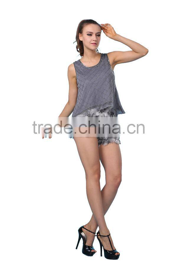 New Fashion Design Round Neck Sleeveless Beaded Top For Women