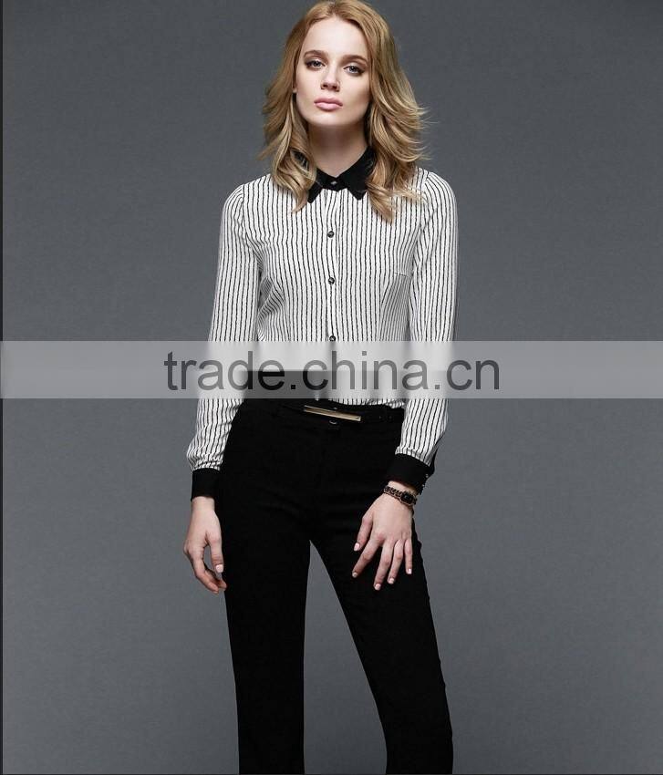 Office Lady Fashion Design Contrast Collar Cuff Striped Shirt
