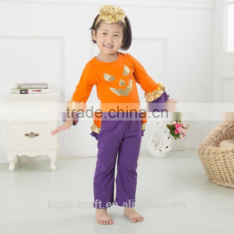 Halloween clothing sets pumpkin top and chevron ruffle pant clothing sets wholesale children boutique clothing sets