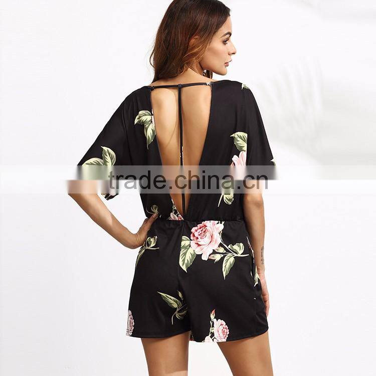 HAODUOYI Women Sexy Print Backless Crew Neck Breasted Romper Beach Party Short Sleeve Jumpsuit