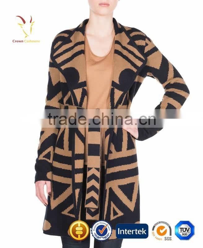 Intarsia Pattern Winter Cardigan Coat for Women with Belt