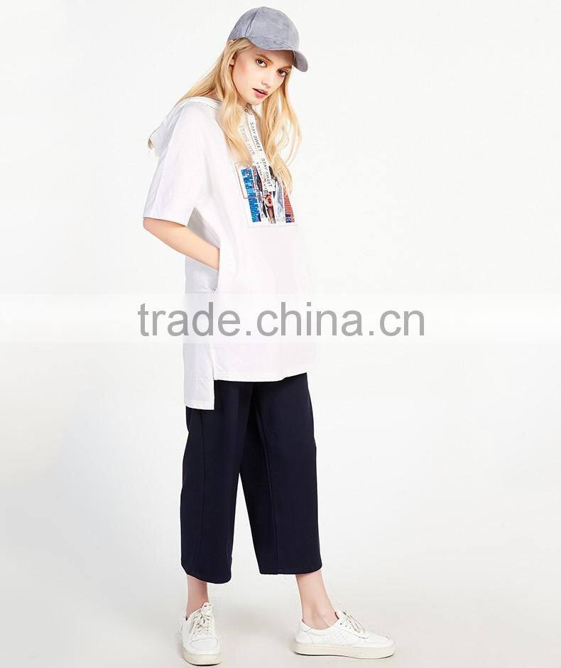 Custom Womens Short Sleeve Printing Casual Oversize Longline Hooded T Shirts hip hop