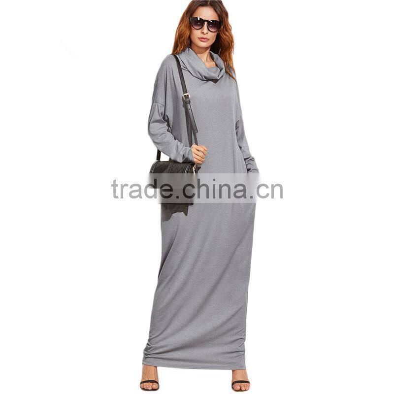 Cowl Neck Plus Size Women Clothing Long Sleeve Maxi Dress With Pockets Muslim Dress