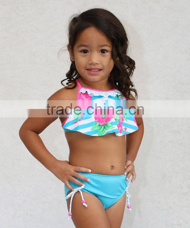 Hot Selling Girl Swimsuit With Pink And Turquoise Floral Bikini Girl Flower Beachwear Kids Wear G-NP-TR905-318