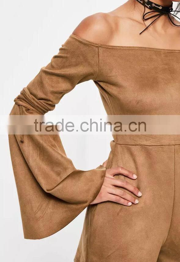 2017 new brown faux suede flare tie sleeve women wholesale playsuit