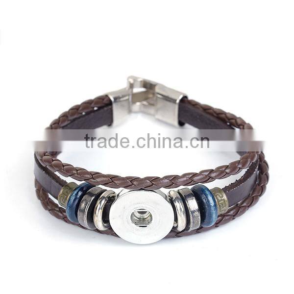Real Leather Snap Button Bracelets Fit 18mm/20mm Snap Buttons Coffee Silver Tone Round