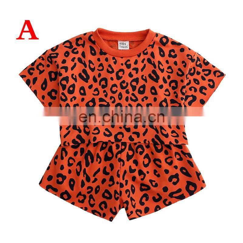 2019 summer kids LEOPARD TSHIRT & SHORTS SET beige brown pink leopard 2pcs suits clothing Set