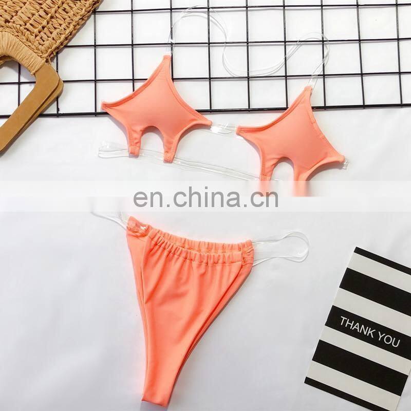 Sexy Brazilian Bikini Pentagram Shaped Transparent Stretch Band micro mini thong Neon Green Swimsuit Bathing Suit Two Piece