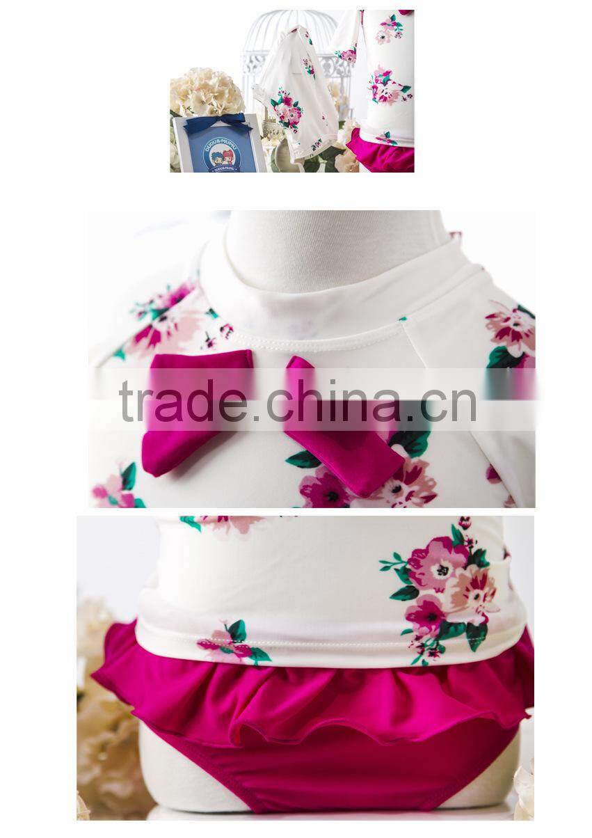 beautiful flower printed children bath suits fancy swimwear with cap wholesale
