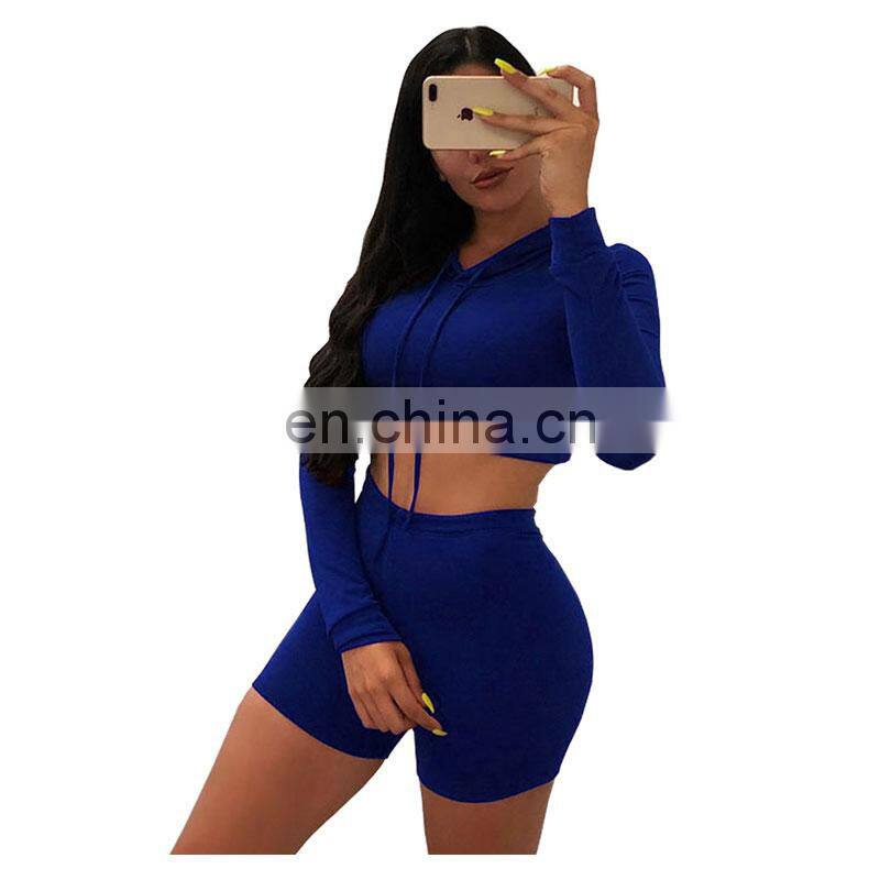 Manufacturer wholesale women's casual sexy hooded shorts sports fitness 2-piece suit custom hoodie crop top