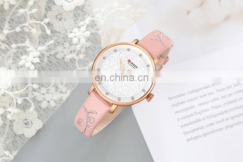CURREN 9046 Women Simple Flower Pattern Elegant Watches Ultra Thin Dial Quartz Leather Fashion Wristwatch