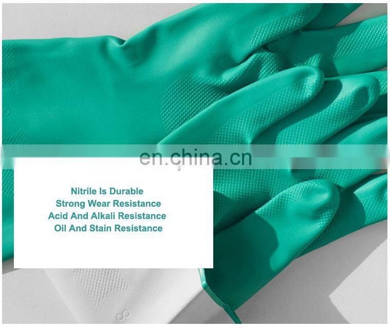 15 mil Custom Printed Heavy Long Cuff Green Flock Lined Nitrile Gloves Chemical Industrial Acid Alkali Resistant Gloves