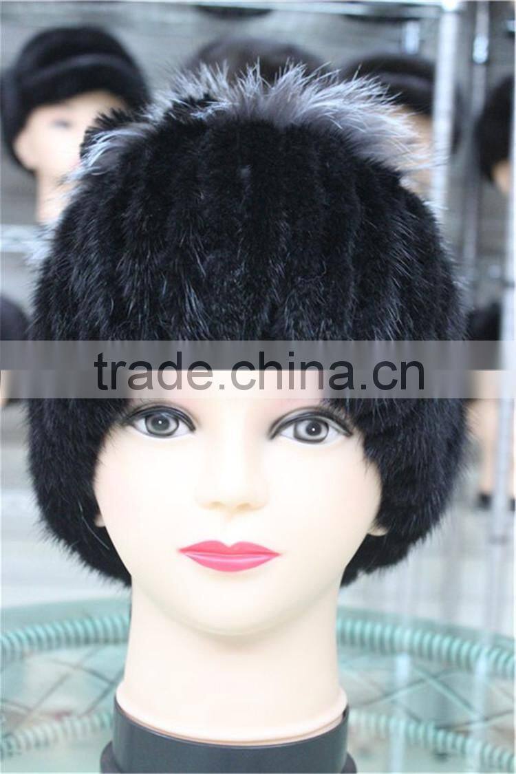Real Mink Fur Beanies With Silver Fox Fur Pompom Handmade Knitted Hat For Ladies