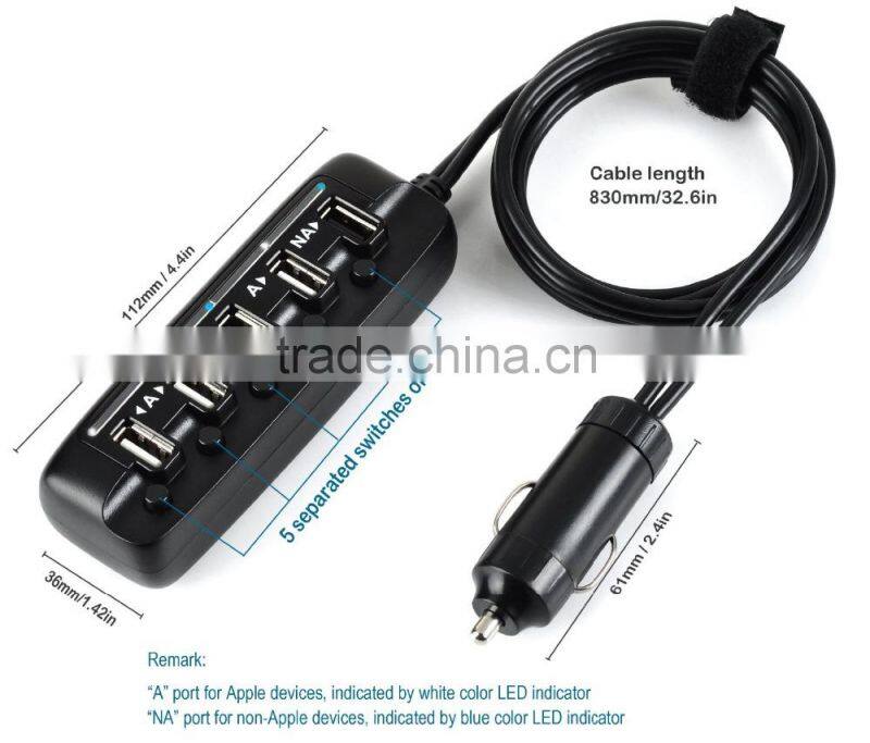 Amaxtek Handheld Design 5 Port USB Car Charger with Cable & Individual Switch & LED Light