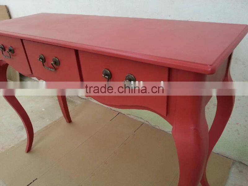 Shabby chic wooden red dining room table with 3 drawers