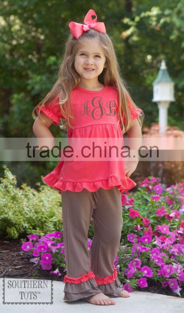 Top and pants ruffle outfit for kids red cotton ruffle top for children New Design