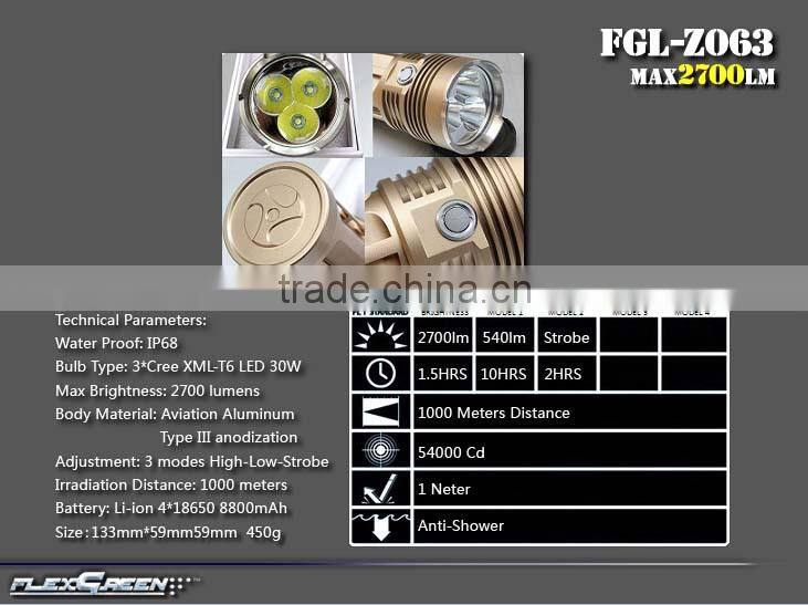 rechargeable 30w 2700lm high bright XML T6 new led flashlight 2014