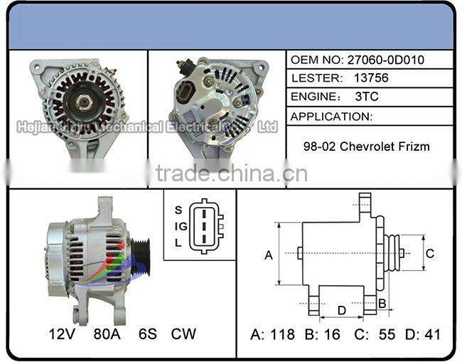 OEM 27060-0D010/Lester 13756/popular auto alternator for TOYOTA COROLLA/CHEVROLET PRIZM
