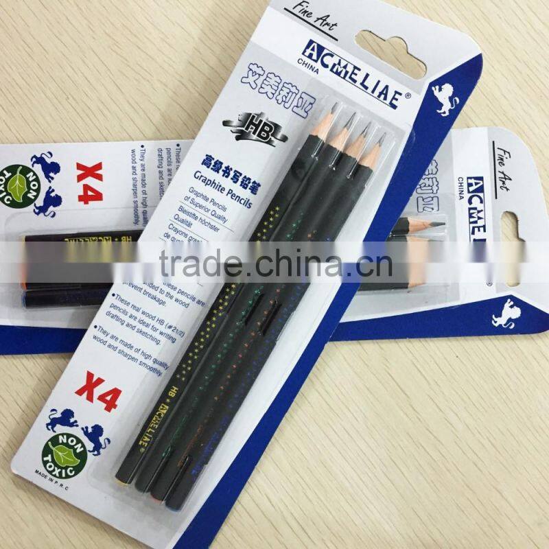 7" standard size triangular shape soft wood matt black body blister card HB pencil sharpened with dipped top