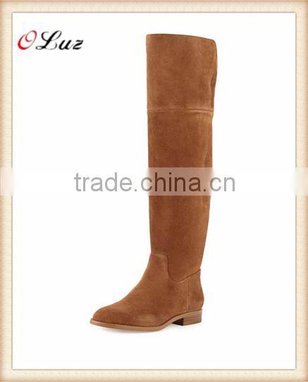 OB42 brown kid suede warm winter flat fashion knee high round toe boots shoes for flat feet