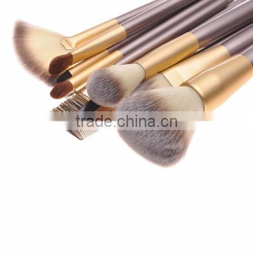 Hot Sell Wood Handle Synthetic Hair 12PCS Travelling Champagne Color Makeup Brush Set