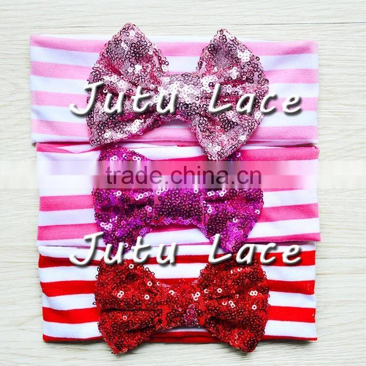 9 colors in stock babies headband stripes fabric, Sequin Bow Stripe Cotton knot headband wholesale