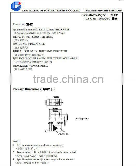 Mainly used Warm white 0603 for cellphone signal lighting smd led diode