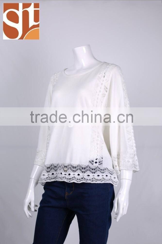 2016 New ladies' boat neck 3/4 sleeve pullover knitted sweater with pointell