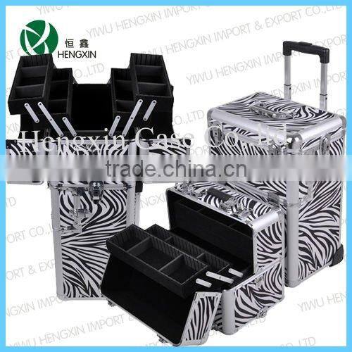Zebra Aluminum Makeup Cosmetic Train Rolling Case Hair Style Lockable Box