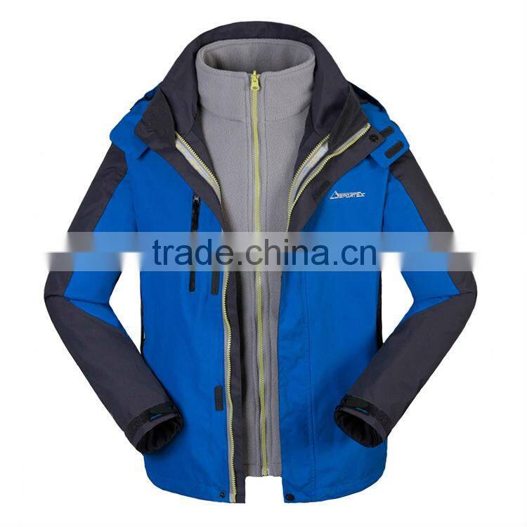 Men's outdoor sport jacket polar fleece removable inner jacket waterproof zip adjustable hoodie men 3 in 1 waterproof jacket