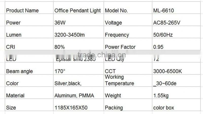 Modern led office lighting linear pendant light 4ft 36w 3600lm 5 years warranty