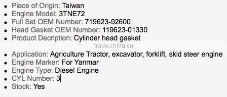 3TNE72 steel cylinder head gasket for Yanmar diesel engine use