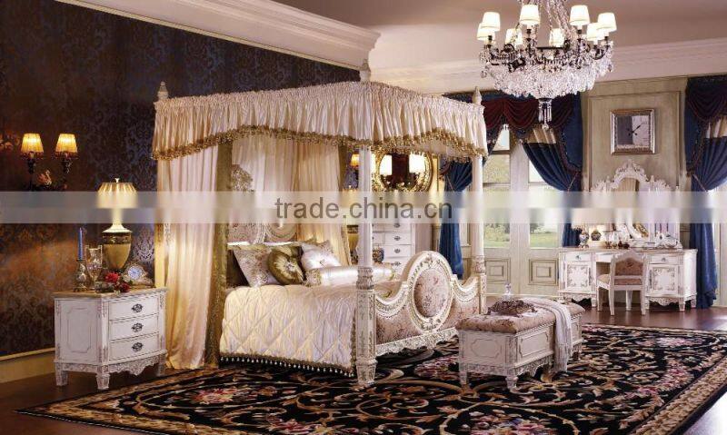 Royal Place Gold Leaf Finished Full Solid Wood Carving Bed, Arabic Golden Style Bedroom Furniture(MOQ=1 SET)
