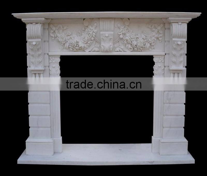 Polished white marble fireplace mantel surround
