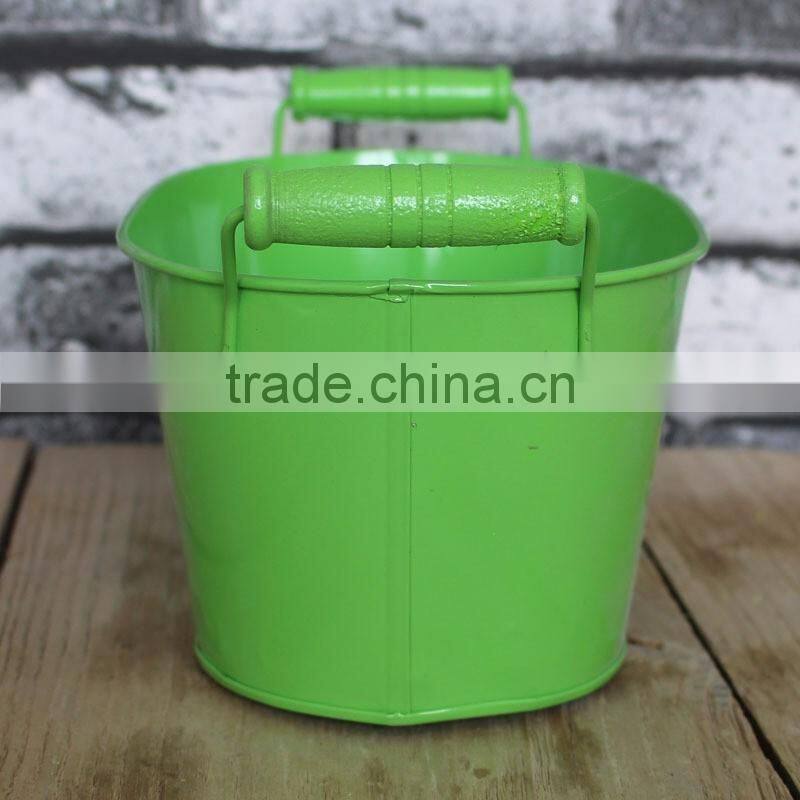 hottest item waterproof oval white green flower vintage galvanized metal planter with wood handles