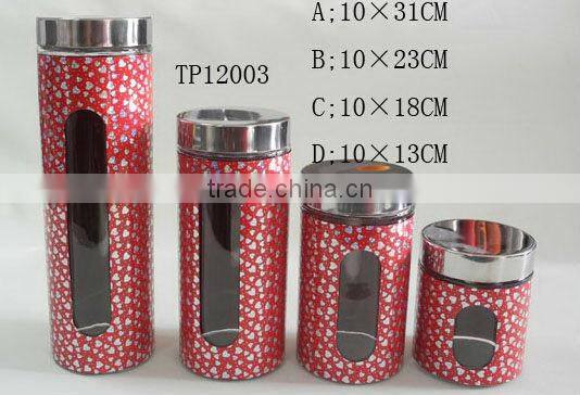 popular 4 sizes spraying plastic cylinder glass cookie jar with decorating