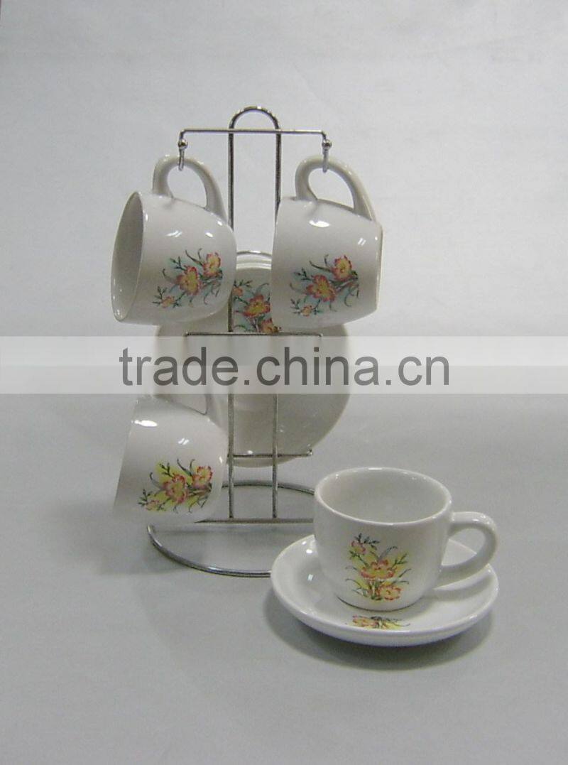 Set of 4 flowers decal ceramic cup and saucer with stand