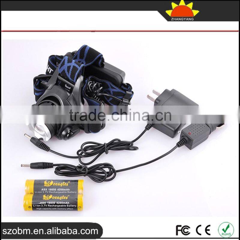 New arrival high quality XML T6 LED 2000 Lm Zoomable LED Rechargeable Headlamp with 18650 Batteriy,charger and car charger