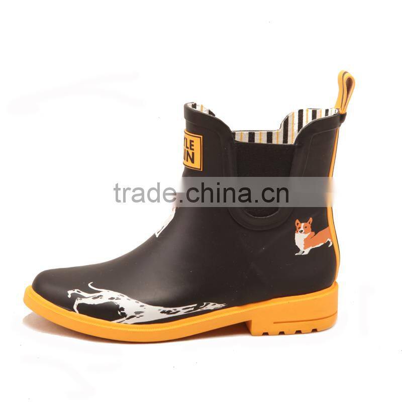 black upper yellow rubber outsole lovely dog printed chelsea style elastic gore new style girls rain boot shoes wellies