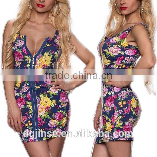 Floral Women Sexy Party Dress Sleeveless Slim Zipper Cocktail Bodycon Mini Dress