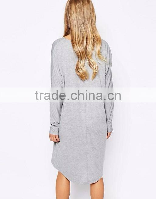 Long sleeve single jersey blank ladies plain t-shirt dresses casual