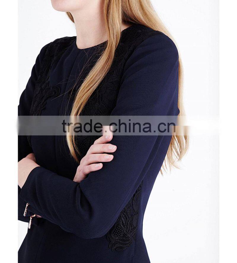 Wholasale Women Apparel Black Round Neck Long Sleeves Embroidered Crepe Playsuit(DQE0104J)